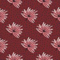 Stylized seamless pattern with hand drawn tropical leaves. Red background with dots and pink outline foliage. vector