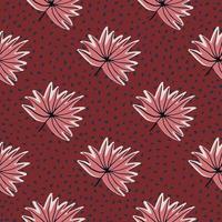 Stylized seamless pattern with hand drawn tropical leaves. Red background with dots and pink outline foliage. vector