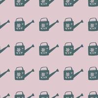 Pale seamless doodle pattern with watering cans elements. Garden tool shapes on light lilac background. vector