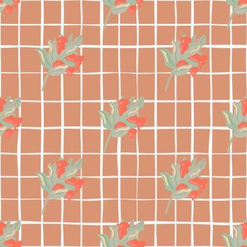Seamless doodle pattern with simple branches and berries silhouettes. Grey and red botanic elements on beige chequered background. vector