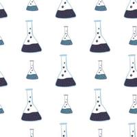 Isolated seamless pattern with education science navy blue flasks. White background. Labaratory print. vector