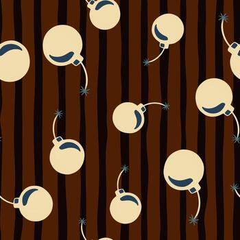 Atomic weapon seamless pattern with beige random bombs in cartoon style. Brown striped background. vector