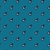 Decorative seamless alcohol pattern with rum bottles shapes. Blue background. Bar menu print. vector