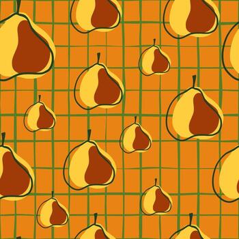 Random seamless pattern with abstract pear elements shapes. Orange chequered background. vector