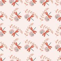 Pink-colored seamless pattern with twigs, blowballs and damseldlyes. vector