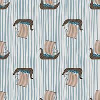 Seamless pattern with doodle beige and brown colored snailing ship elements. Blue and white striped background. vector