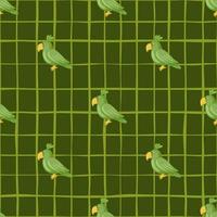 Animal decorative seamless pattern with doodle parrot elements. Green chequered background. vector