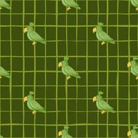 Animal decorative seamless pattern with doodle parrot elements. Green chequered background. vector