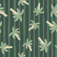 Tropical nature seamless pattern with random palm tree elements. Green striped background. Doodle shapes. vector