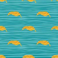 Orange minimalistic mandarin shapes seamless doodle pattern. Blue bright background with stripes. vector