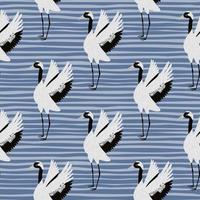 Cartoon japanese seamless pattern with cartoon crane birds silhouettes. Blue striped background. Childish print. vector