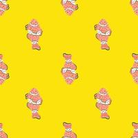 Bright abstract seamless pattern with doodle pink clown fish silhouettes. Yellow background. Simple style. vector
