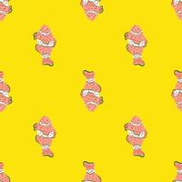 Bright abstract seamless pattern with doodle pink clown fish silhouettes. Yellow background. Simple style. vector