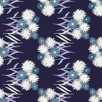 Hand drawn seamless pattern with white and navy blue abstract blowball bouquet. Dark background. Simple design. vector