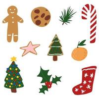 Set Christmas elements on white background. Abstract symbols christmas tree, gingerbread, sock, tangerine, cookies, start, mistletoe, candy in doodle. vector