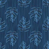 Decorative seamless pattern with doodle monstera leaves ornament. Striped background. Navy blue dark palette print. vector