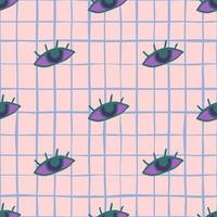 Eyes seamless doodle pattern. Purple and green elements on light pink background with check. vector