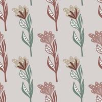 Pale tones seamless pattern with pink and green contoured simple flower shapes. Grey background. Botany style. vector