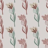 Pale tones seamless pattern with pink and green contoured simple flower shapes. Grey background. Botany style. vector