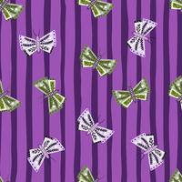 Random wildlife seamless pattern with random geometric butterfly print. Purple striped background. vector