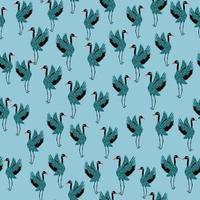 Hand drawn random crane bird shapes seamless pattern. Light blue background. Simple japanese zoo print. vector