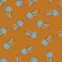 Sealife seamless pattern with doodle hand drawn jellyfishes. Random underwater ornament in blue tones on dark orange background. vector