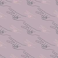 Dibujar a mano patrones sin fisuras con ilustraciones del signo del dedo de la paz. contorno de silueta sobre un fondo violeta pastel. garabato repetitivo simple. vector