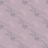 Hand draw seamless pattern with illustrations of peace finger sign. Silhouette contour on a pastel purple background. Simple repeating doodle. vector
