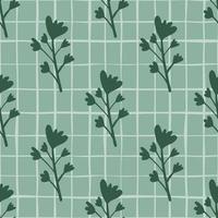 Pastel seamless pattern with flowers silhouette in dark green tones. Blue background with check. vector