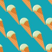 Bright seamless pattern with ice cream in waffle cone. Blue background. Orange wafer cone and light cream. vector