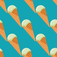 Bright seamless pattern with ice cream in waffle cone. Blue background. Orange wafer cone and light cream. vector