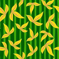 Random yellow simple leaf ornament seamless pattern. Green striped background. Doodle style. vector