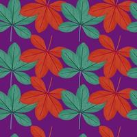 Bright botanic seamless pattern with red and green doodle scheffler flowers print. Purple background. vector