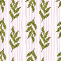 patrón creativo sin costuras con estampado de ramas de contorno de garabato verde. fondo de rayas claras. vector