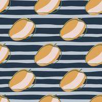 Abstract seamless pattern with orange apricot elements print. Blue striped background. Hand drawn style. vector
