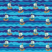 Ship on wave seamless pattern. Boat in ocean background. vector