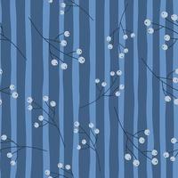 Random seamless pattern with abstract berries silhouettes. Blue striped background. Organic doodle artwork. vector