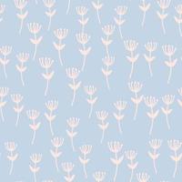 Random little branch figures seamless doodle pattern. Soft blue background and nature elements in light yellow tone. vector