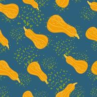 Seamless random pattern with bright orange pumpkin print. Navy blue background with splashes. vector