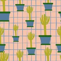 Cactus in pot seamless pattern in hand drawn style. Botanical background. vector