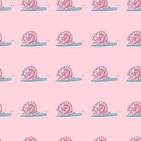 Tender seamless wildlife pattern with childish snails elements. Pink and blue colored animals on light pink background. vector