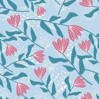 Random seamless pattern with flower elements. Pink tulip buds and turquoise stems on blue background with splashes. vector