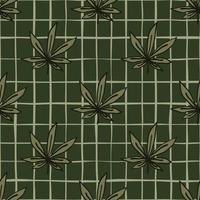 Dark marijuana seamless botanic pattern. Sheet contoured leafs and background with check in green tones. vector