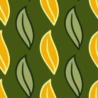 Nature seamless pattern with olive and yellow leaves elements print. Green background. Botany artwork. vector