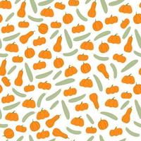 Doodle seamless pattern with orange pumpkins and grey zucchini ornament. White background. Isolated print. vector