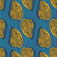 Simple doodle seamless pattern with leaf print. Abstract outline foliage in yellow color on blue stripped background. vector