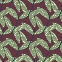 Seamless pattern with random green dotted branches. Background in burgundy tones. vector