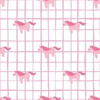 Fairytale seamless pattern with fantasy unicorn silhouettes. Pink pony on white chequered background. Kids backdrop. vector