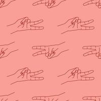 Seamless pattern with victory gesture. Silhouette red linear contour on a red background. Two fingers raised up. vector