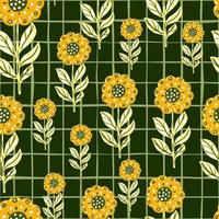 Random bright seamless pattern with orange colored folk flower silhouetted. Green olive chequered background. vector